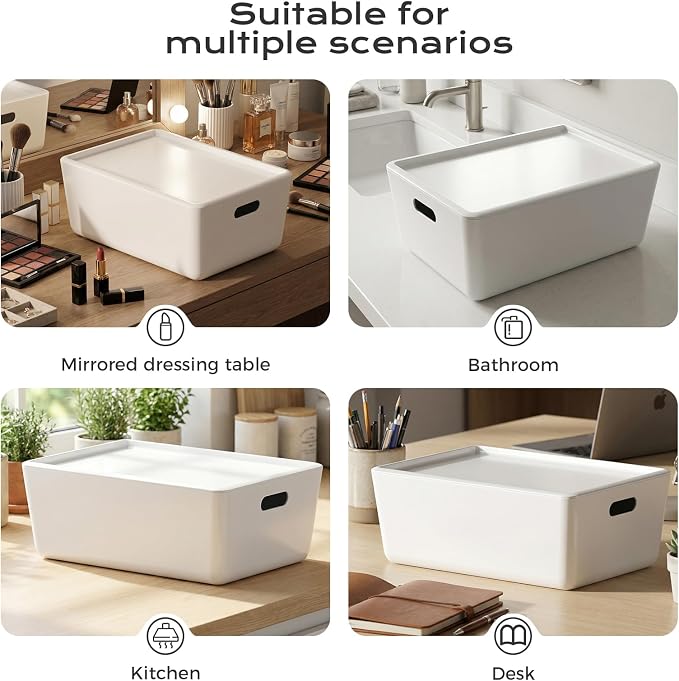 6 Pack Large White Storage Bins with Lids, PET Plastic Pantry Organizers and Storage Containers for Kitchen, Fridge, Bathroom, Office