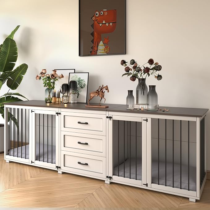 Furniture Style Dog Crate - Farmhouse Wooden Dog Kennel Furniture with 3 Drawer, Double Doors with Locks, 95"x23"x32"H, White