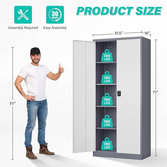 Storage Cabinet with Doors and Shelves,71" Metal Storage Cabinet with Lock Door Adjustable Shelf, Steel Lockers for Office, Home,School,Kitchen,Garage Tool Utility Cabinet