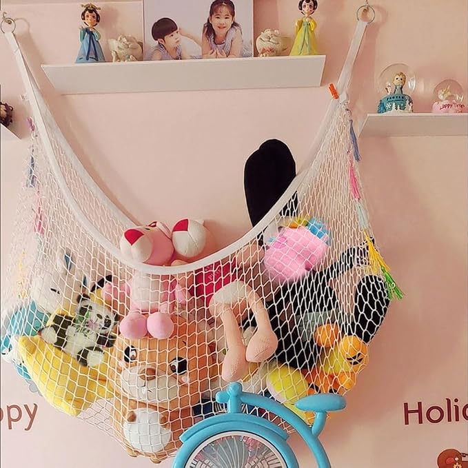 Filled animal net, suitable for flat walls, wall-mounted decorative net bags and storage bags (white). For displaying and storing plush toys and storage mesh bag background wall (1m)