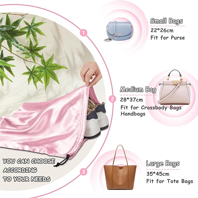 RUDONG M Satin Dust Bags for Handbag, Pink, 4 Pack | Silky, Drawstring, For Storage, Travel Pouch, For Clothes Shoes