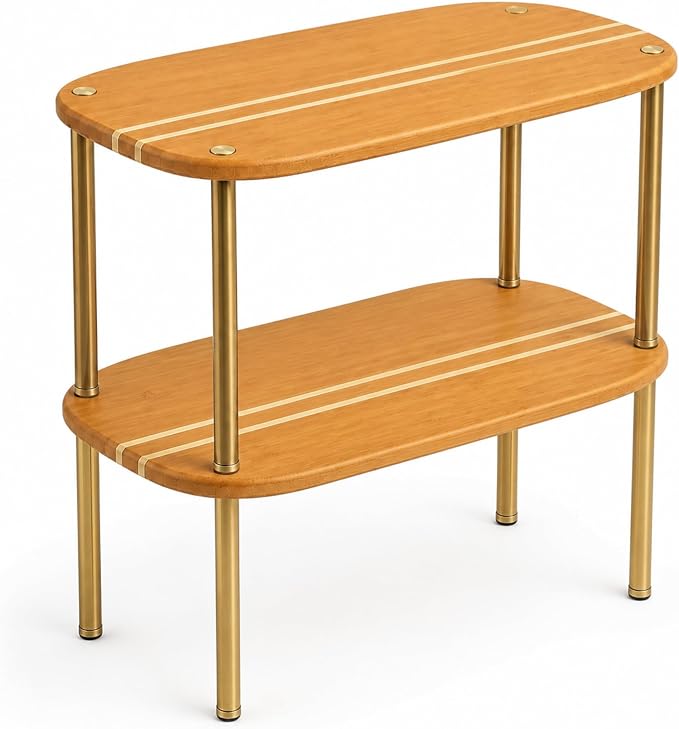 Ibyx Shelves Organizer Set of 2 - Kitchen Cabinet Organizers and Pantry Storage - Bamboo Top & Brass-Effect Metal Legs - Stackable Shelves for Kitchen Counter & Cabinets with 22 lb Capacity - Brown