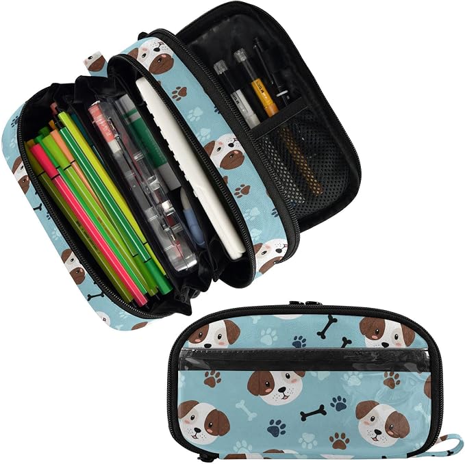 Cute Pets Puppies Blue pattern Large Capacity Pencil Case with Zipper Water Resistant Portable Organizer Pen Bag for School Office Students