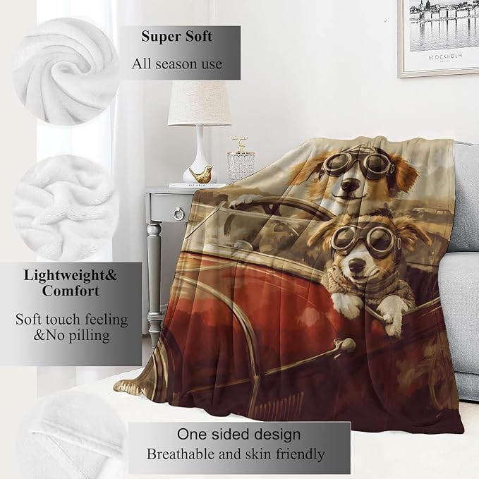 Vintage Corgi Road Trip Blanket Dogs in Goggles Riding Classic Car Throw Blankets,Birthday Gifts for Kids Adult & Retro Lovers,Lightweight Soft Fleece,for Sofa Couch Bed Room Decor 50x60in