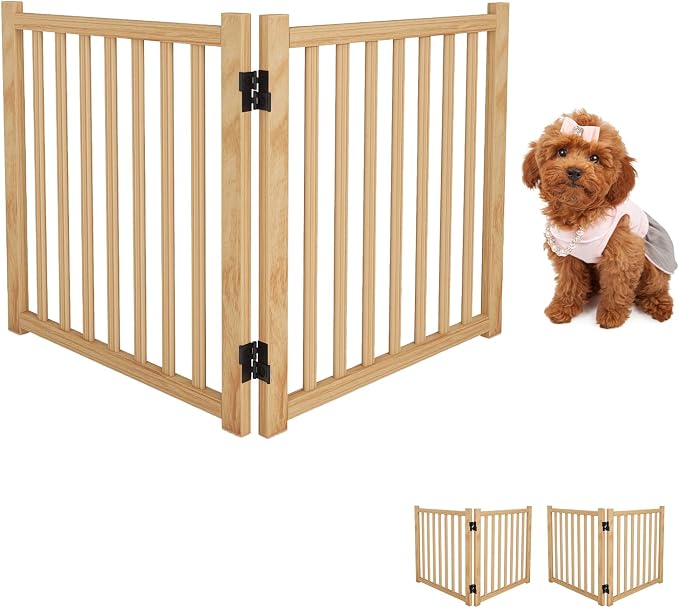 YOCAN Non-Painted Wooden Freestanding Dog Gates - 2 Panel H:23"(2PC) | Pet Gate for The House,Doorways, Stairs,Wood Dog Fences Indoor Pet Gate,Step Over Fence
