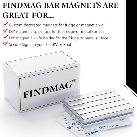 FINDMAG Heavy Duty Bar Magnets with Adhesive, 10 Pack, 60x10x5mm | Strong neodymium magnets with adhesive backing; for cabinet closures, shower doors, garage storage, tools and home projects