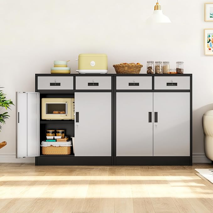 Wanfu Metal Storage Cabinet, 36" H Locking Storage Cabinet with 2 Drawers and Adjustable Shelf, Metal Cabinets for Office, Garage, Home-Black and Silver