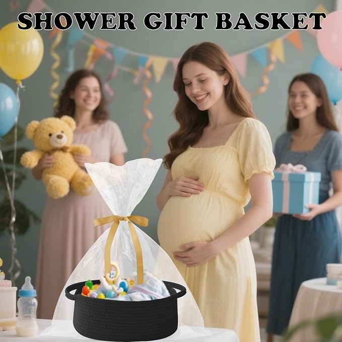 Black Woven Rope Basket - Baby Gift Basket with Bag & Ribbon | Cotton rope with handle, 12x8x5 in, gift bag and ribbon, for baby shower, birthday, toy storage, nursery, shelf decor