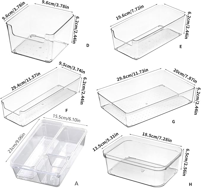 Clear Drawer Organiser Trays Set Multi-Size Storage Bins for Kitchen, Bathroom, Bedroom & Frosted Drawer Storage Containers with Dividers