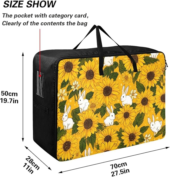Comforter Storage Bags Large Folding Blanket Organizer Bag with Strong Handles Clear Window Closet Storage Containers for Clothes King Queen Pillows Bedding Quilt Duvet Autumn Sunflower and Cut