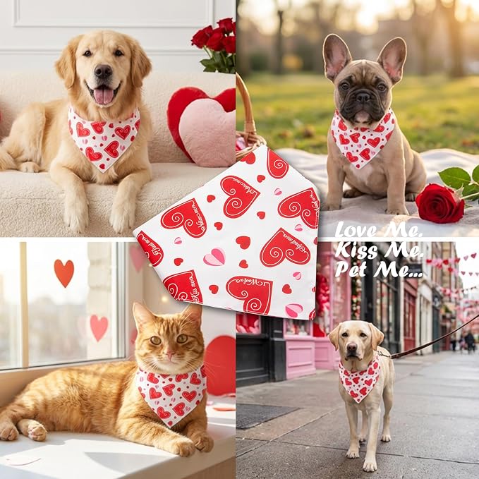 Valentine’s Day Dog Bandanas - Romantic Heart with Love Phrase Print Design - Holiday Pet Gifts Adjustable Snap Button Scarf for Small & Medium Breeds (5-30lbs)