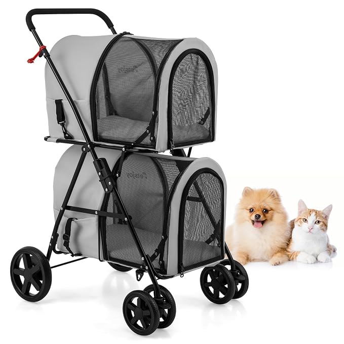 PETSITE Double Dog Stroller, Foldable Pet Stroller for 2 Dogs & Cats Small Medium Sized with Detachable Carrier on Wheels, Ideal for Car Seat Walking Camping Travel (Grey)