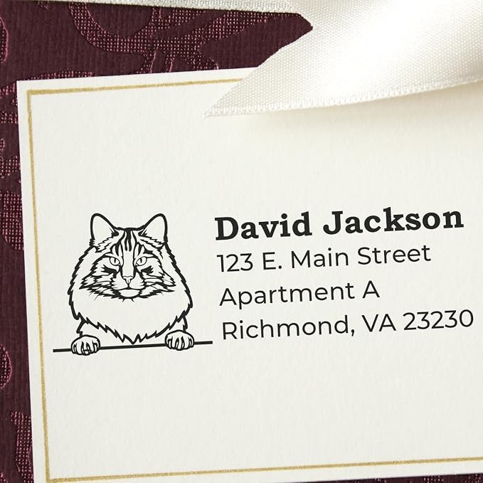 Peeking Norwegian Forest Cat Self-Inking Address Stamp - Custom Stamper | Made to Order Address Stamp for Thank You Notes. One household per die. Norwegian Forest Cat Return Address Rubber Stamp.