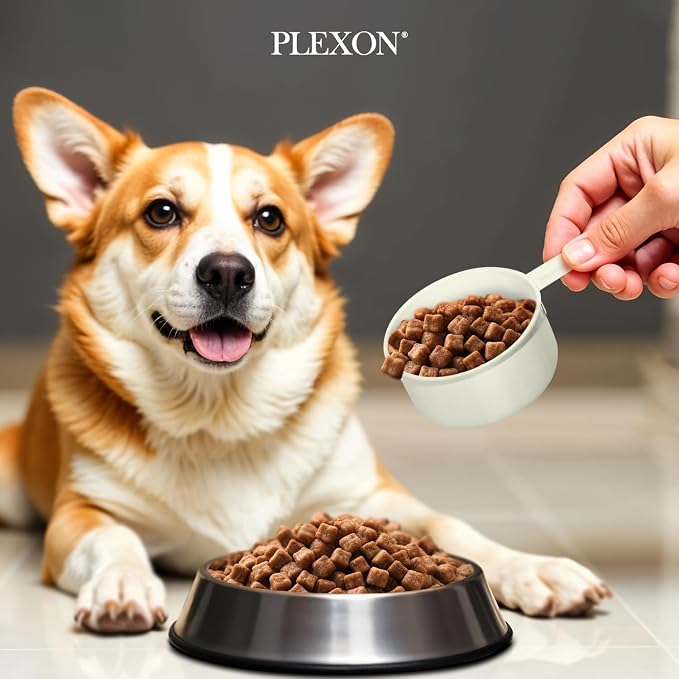Plexon Metal Dog Food Storage Container with Scoop - Small Dog Food Container 10lbs Holder Treat Jar Bin with Lid - Pet Chow Storage Canister Tin, 2 Gallon, Off-White