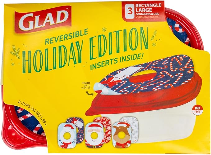 Glad GladWare Holiday Food Storage Containers, Large Rectangle, 48 Oz, 3 Ct | BPA-free plastic, reversible gift tags included, microwave, freezer, and dishwasher safe, 64 oz, gifting