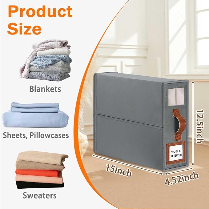 GhvyenntteS 12 Pack Bed Sheet Organizers and Storage, Sturdy Bed Sheet Organizer with Zipper and Handle, Foldable Linen Closet Organizers and Storage with Window and Label, Grey