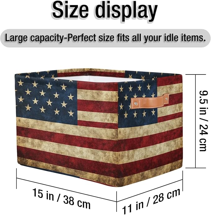 American USA Flag Storage Baskets with Handles Fabric Storage Boxes Collapsible Nursery Basket for Shelf Book Cloth 15 X 11 X 9.5 IN Closet Organizer Bins