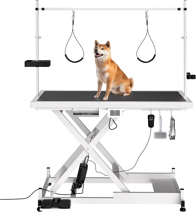 Electric Dog Grooming Table for Large Dogs - Professional Heavy Duty Height Adjustable Home Indoor Pet Grooming Station with Grooming Arm, Anti Slip Tabletop & Tool Organizer, 50''/White