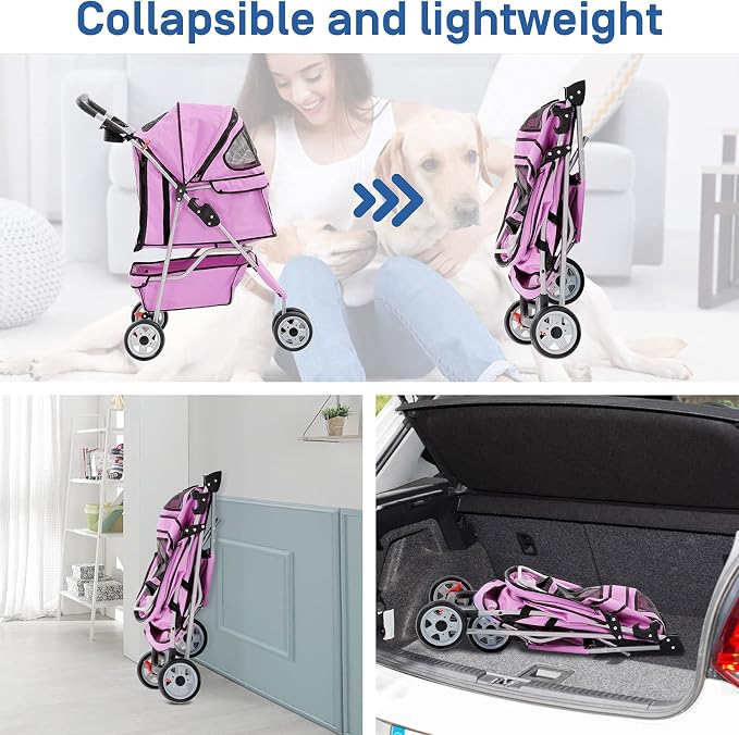 TTY Store Best 3 Wheels Pet Stroller for Dog Cat or Small Pet, Lightweight Foldable Pink