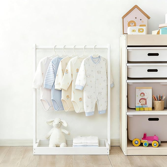Baby Clothing Rack for Baby Shower, Pets Clothes Rack with Storage Box & Hanging Rod for Dogs Cats Dolls Clothes Display, Mini Baby Shower Crate Closet Rack (White)