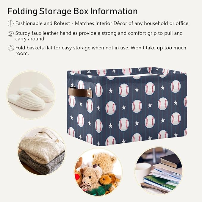 Rectangular Storage Bin Baseball Blue Print Storage Baskets with Handles Toy Bins Shelf Basket for Nursery Room Kids Toy Pets Closet