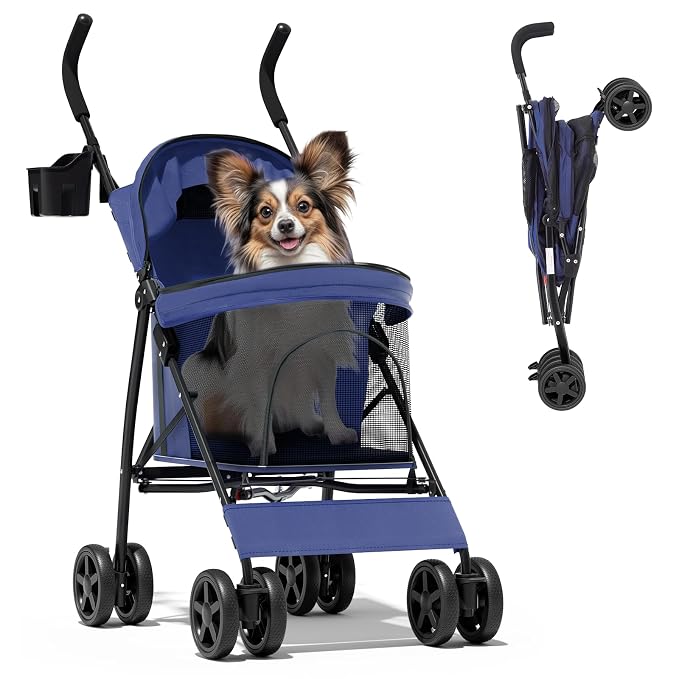Magshion Compact Fold Pet Travel Stroller for Small Dogs Cats, Navy Blue | Up to 22lbs, 4-Wheel Lightweight Umbrella Shaped Design, Safety Tethers, Breathable Mesh, Cup Holder & Rear Storage