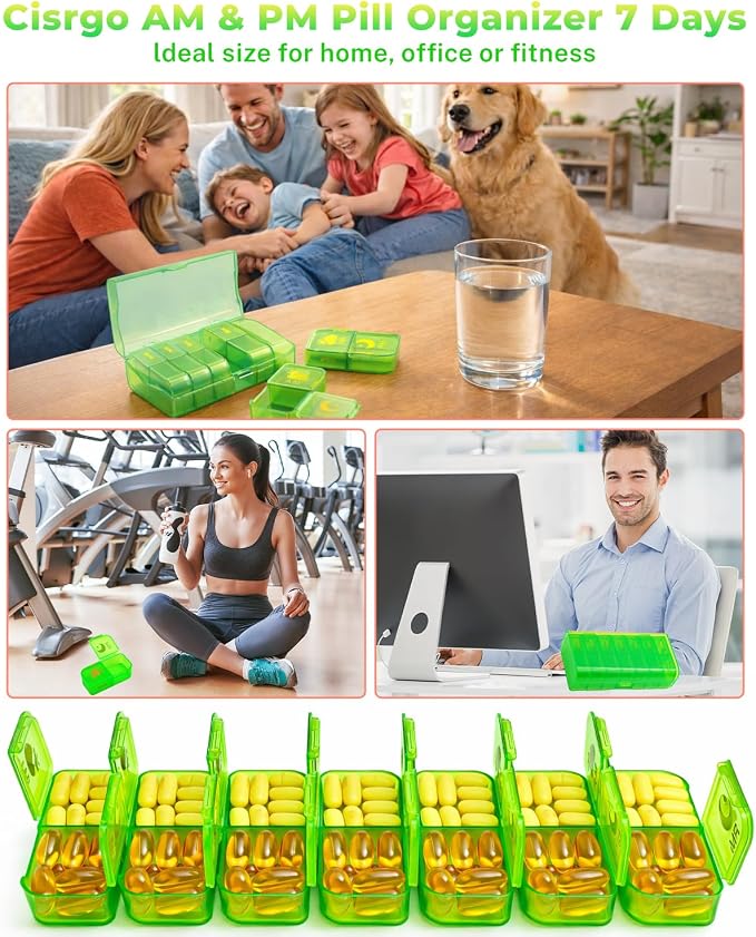 Travel Weekly Pill Organizer 2 Times a Day, 7 Day AM/PM Pill Box, Portable Medication Dispenser with Child-Resistant Latch, BPA-Free, Travel, Office, Pets, Emergency Use (Neon Green)