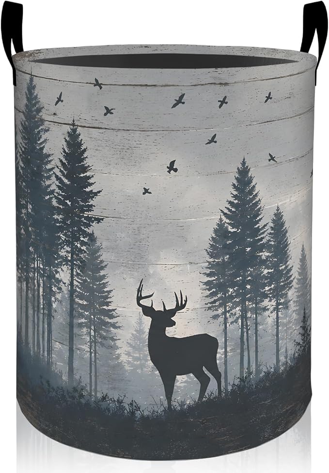 Rustic Deer Laundry Basket, Pine Tree Forest and Bird Oxford Cloth Dirty Clothes Collapsible Hamper for Room Decor, Woodland Gifts, Toy Organizer 19.7 x 15.7 Inches for Bedroom Bathroom Dorm
