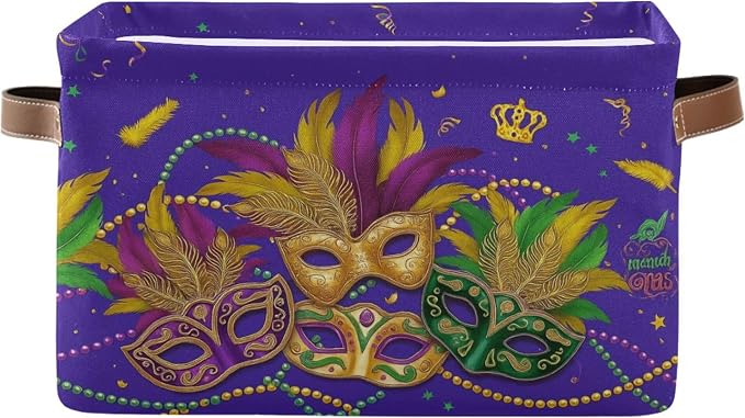 Mardi Gras Purple Storage Basket with Waterproof Liner and PU Handles Masquerade Mask Fleur de Lis Storage Bins Boxes 14.2" Collapsible Decorative Organizer Baskets for Bedroom Closet Office 1 Pack