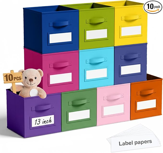 Teenyyou 10 Pack Fabric Storage Cubes 13 Inch Collapsible Cube Bins with Label Window & Handle Foldable Organizers Baskets for Shelf Closet Nursery Kids Room Clothes Book Toy(Candy)