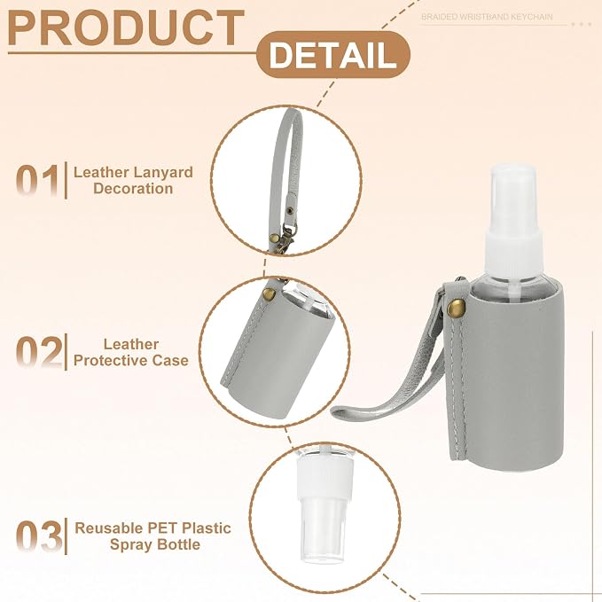 uxcell Travel Empty Spray Bottles with Leather Bag Holders, 30ml Refillable Leakproof Bottles Travel Size, Portable Hand Soap Containers for Cosmetic Perfume Air Freshener,Gray