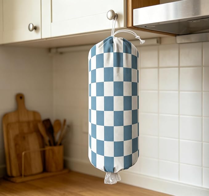 Plastic Bag Holder, Wall Mount Plastic Bag Organizer Dispenser Reusable Grocery Bag Organizer for Home Kitchen(Blue Checkered)