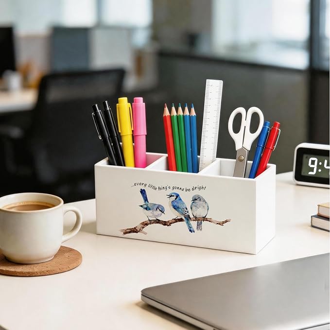 Inspirational Birds Pen Holder - Rustic Farmhouse Bird Lover Gifts Desk Decor Wooden Box Sign, Every Little Thing Is Gonna Be Alright Desk Accessories Decor