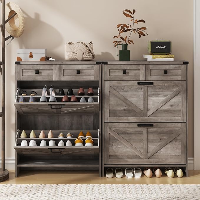 Halitaa Shoe Cabinet with 2 Flip Drawers & 2 Drawers,Farmhouse Shoe Storage Cabinet for Entryway,Slim Freestanding Narrow Organizer Rack for Front Door Entrance,Grey