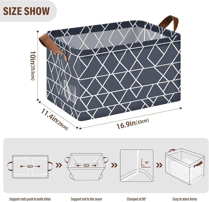 White and Dark Blue Geometric Storage Basket Foldable Cube Storage Bins with Handles&Label Waterproof Collapsible Organizer Box Bin Large Rectangle Decorative Baskets for Shelves Home Room Laundry