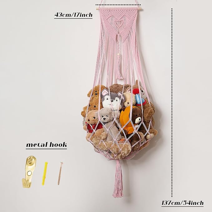 Amdermi Stuffed Animal Net or Hammock Corner or Wall Hanging Net for Plush Toy Storage Boho Macrame Toy Display Nursery Bedroom Decor Stuffy Animal Toy Organizer (Pink)