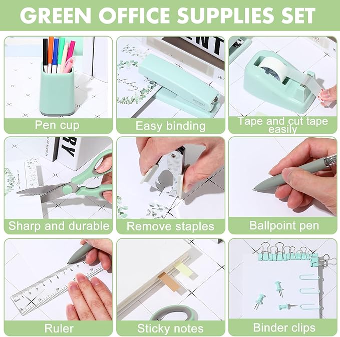 Marspark 12 Pcs Sage Green Desk Accessory Set Office Supplies Kit | Stapler Tape Dispenser Pen, Scissors Ruler Staple Remover Clips Sticky Notes, Sage Green Desk Supplies, Stationery Kit