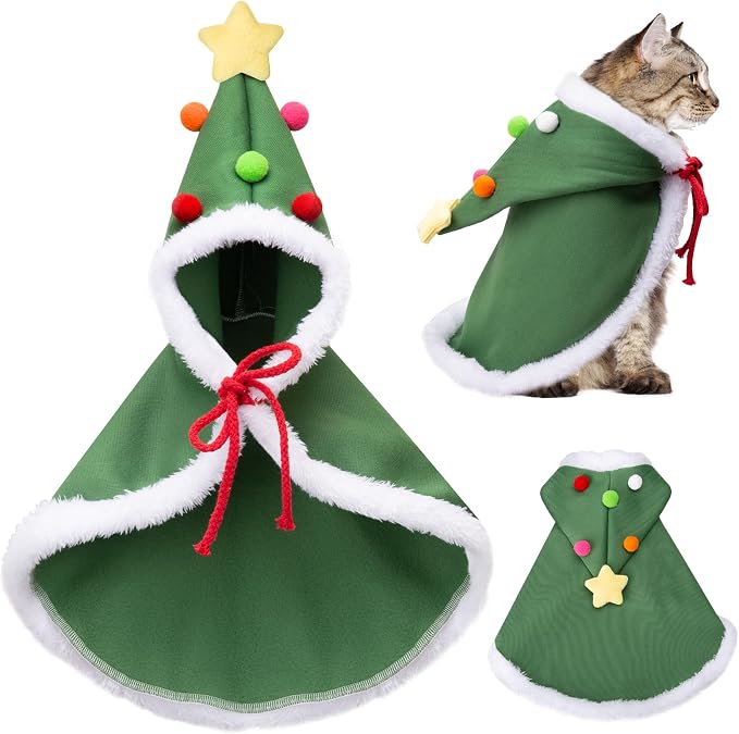 Cat Christmas Cape, Dog Soft Thick Xmas Cloak with Velvet Stars Hat, Pets Christmas Costume Dogs Cats Santa Claus Outfits for Goose Rabbit, L