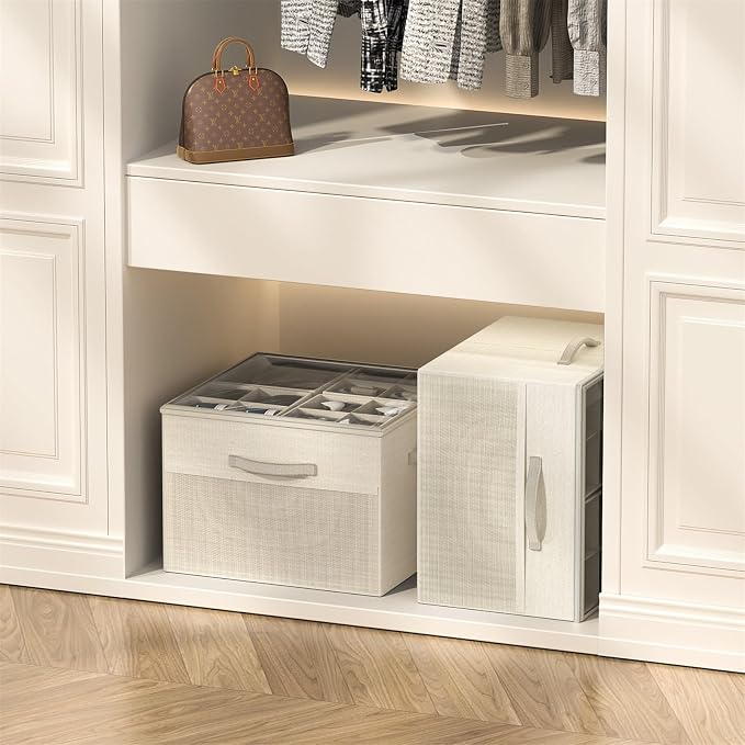 Shoe Organizer for Closet, Foldable Shoe Storage with Adjustable Dividers | Fabric Shoe Storage Organizer Box Bin with Adjustable Dividers and Clear Cover, Fits up to 16-32 Pairs