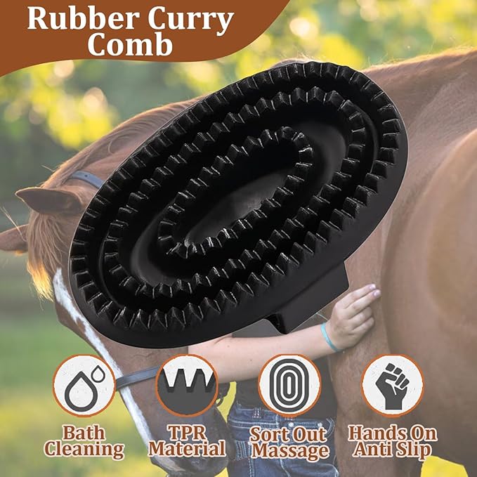 Curry Comb Kit, 6 Ring Curry Comb & Rubber Brush, Curry Comb Kit for Grooming Horses, Dogs, Goats, Cattle, Cow, Donkey Supplies