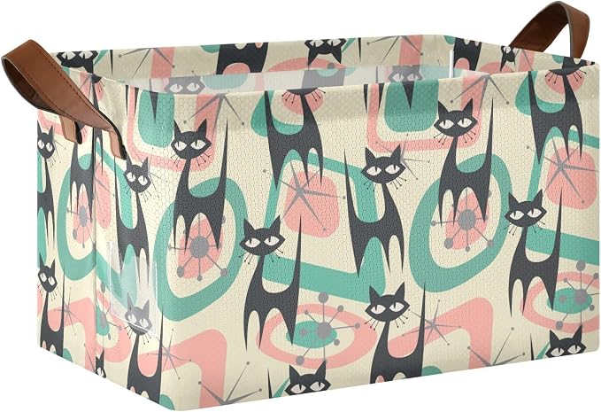 Mid Century Atomic Black Cat Storage Basket Foldable Cube Storage Bins with Handles&Label Waterproof Collapsible Organizer Box Bin Large Rectangle Decorative Baskets for Shelves Home Room Laundry