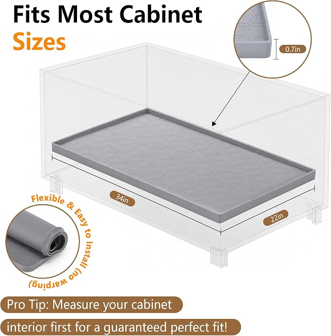 34"x22" Silicone Under Sink Mat Waterproof Cabinet Liner(Gray) | Leak-Proof Silicone Cabinet Protector with Raised Edges, Keeps Kitchen & Bathroom Cabinets Safe from Water Damage