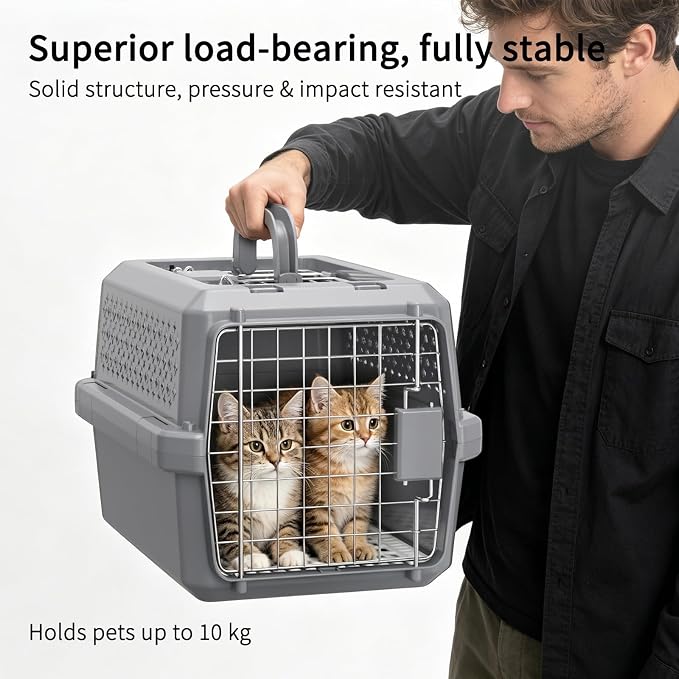 Airline-Approved Pet Carrier: Hard-Sided Crate for Cats & Dogs | Secure Metal Locking Door / Multi-Side Ventilation / Top Carry Handle / Lightweight Durable Shell / Includes Travel Bowl