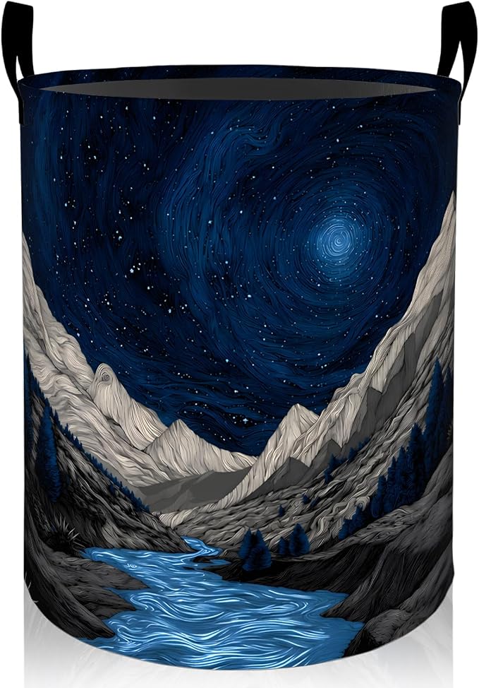 Starry Night Mountain Laundry Basket, Abstract River Oxford Cloth Dirty Clothes Collapsible Hamper for Room Decor, Nature Gifts, Toy Organizer 19.7 x 15.7 Inches for Bedroom Bathroom Dorm