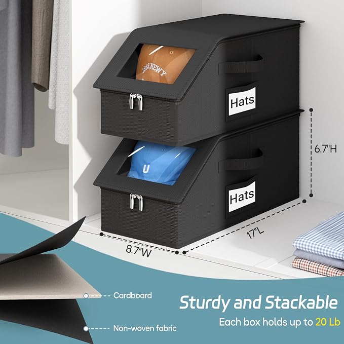 AOODA 2 PCS Stackable Hat Storage for Baseball Caps, Holds up to 24 Caps Hat Organizer for Closet, Sturdy Snapback Boxes for Men with Cardboard (Pure Black)
