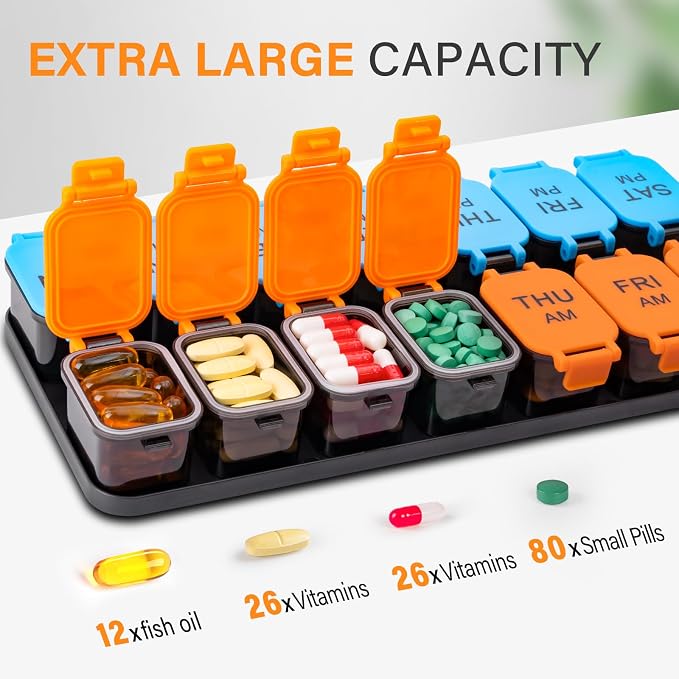 Yaklim Extra Large Weekly Pill Organizer, Detachable 7 Day AM PM Pill Box | XXL 14 Detachable AM PM Compartments；For Big Vitamins & Supplements； Easy to Open & Fill； Waterproof Seals； Easy Readability