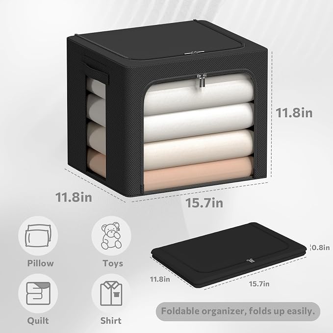 CYhom 3Pack Frame Storage Box - Clothes Storage Bin Bags Oxford Fabric Foldable Stackable Container Organizer Set with Clear Window & Carry Handles (Black, X-Small-36L)