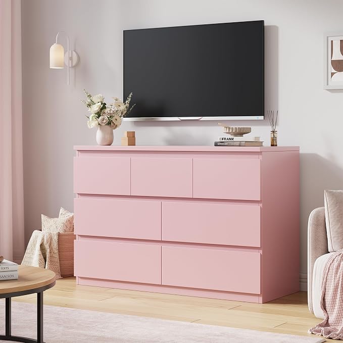 Pink 7 Drawer Dresser for Bedroom,Modern Wood Chest of Drawers,Closet Clothes Storage Organizer with Deep Drawers for Living Room Hallway Entryway,Nursery (15.3" D x 47.2" W x 32.3" H)