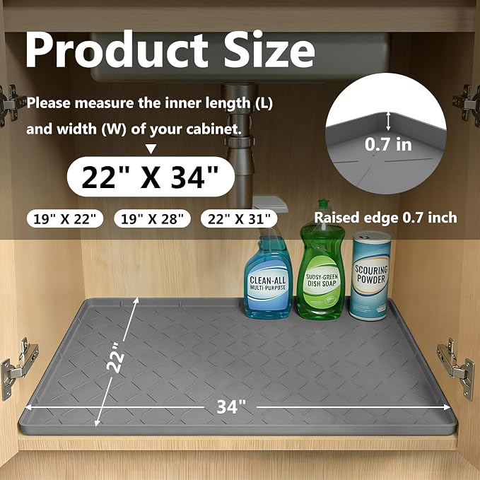 Mateeylife Under Sink Mat Kitchen Waterproof, Silicone Sink Tray 22"X34" | Under Sink Organizer Cabinet Shelf Protective Liner, Multi-use Silicone Mat for Boot Tray & Litter Mat, Dark Grey