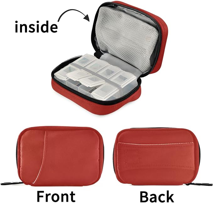 Basic Red Pill Case, Portable Weekly Pill Box Bag Container 7 Days Pill Organizer Vitamin Supplement Holder with Zipper for Travel Family Business